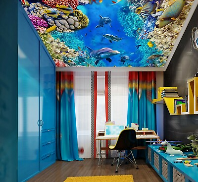 #ad 3D Ocean Coral Dolphin NA370 Ceiling WallPaper Murals Wall Print Decal AJ US Fay $36.99
