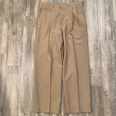 #ad Savanve Men#x27;s Wool Khaki Brown Dress Pants Size 36x32 Non Wrinkle Pleated $17.88