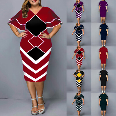 #ad Plus Size Womens Geometric Bodycon Dress Ladies Formal Evening Party Midi Dress $38.58