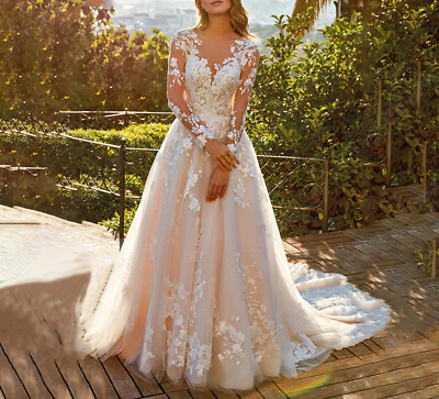 #ad Plus Size Wedding Dresses V Neck Long Sleeves Lace Appliques A Line Bridal Gowns $153.90