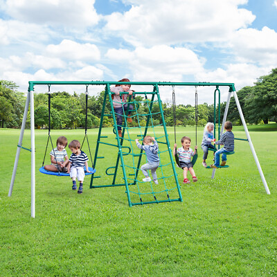 #ad #ad Metal Swing Set 7 Seaters with Seesaw Kids Playground Outdoor Backyard Playset $335.35