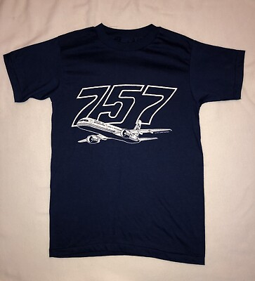 #ad VTG BOEING FLYING T SHIRT FACTORY AIRCRAFT AIRPLANES 757 NAVY BLUE KIDS L $25.00