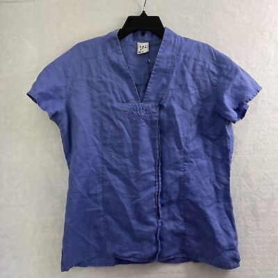 #ad Lilla Linen Button Up Top Womans Large Solid Purple Short Sleeve Shoulder Pads $7.99