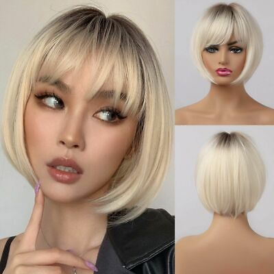 #ad Short Straight Ombre Bob Wig With Bangs Synthetic Hair Wigs Heat Resistant Fiber $22.66