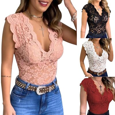 #ad Sexy Womens Lace V Neck Tank Tops Casual Party Slim Fit Vest T Shirt Camisole US $14.19