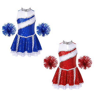 #ad Kids Girls Uniform Sleeveless Dress With Pom Poms Invisible Zipper Back Shiny $27.33