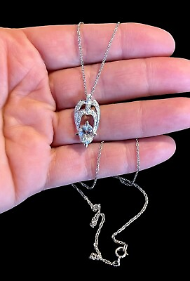 #ad 14k Solid White Gold Aquamarine amp; Genuine Diamond Pendant Chain Necklace 19quot; 3g $280.00