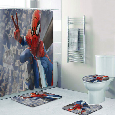 #ad Spider Man Bathroom Set 4PCS Mats Shower Curtain Non Slip Rugs Toilet Lid Covers $46.54