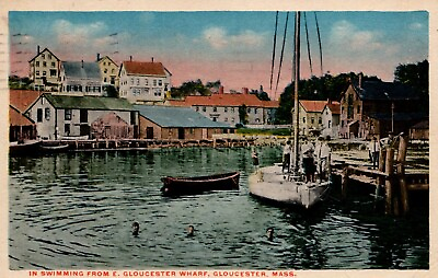 #ad Gloucester Massachusetts Swimming from East Wharf Boats Boys Posted 1924 $4.88