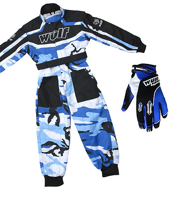 #ad Kids Wulfsport Wulf MX Quad Motocross Overall And Gloves Blue Camo Set #O1 GBP 49.99