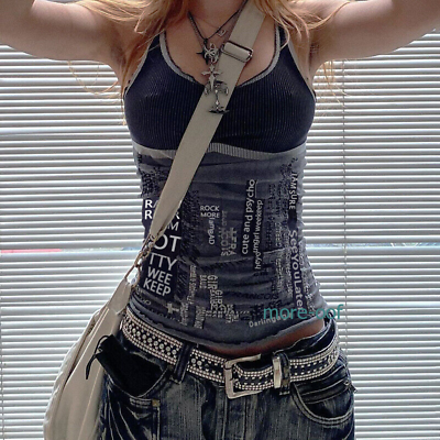 #ad Gothic Punk Women Y2K Printed Tank Tops Girls Grunge Mini Vest Slim Fit T Shirt $13.50