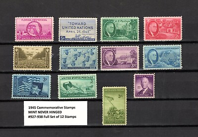 #ad 1945 U.S. Commemorative Stamp Set Cat #927 938 MINT NH $3.70