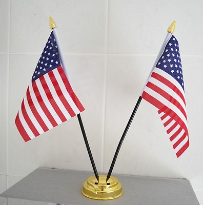 #ad USA TABLE FLAG X 2 WITH GOLD BASE desktop flags 6quot; x 4quot; america AMERICAN U.S.A. GBP 5.99