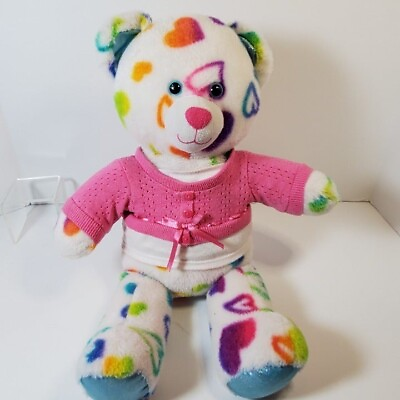 #ad BUILD A BEAR White Bear Colorful Hearts Rainbow Pink Sweater Blue Feet Bottoms $12.66