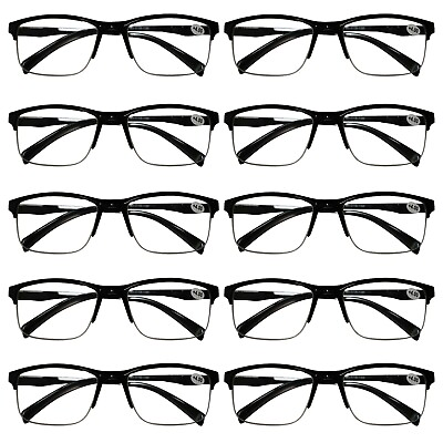 #ad 10 Pack Mens Unisex Half Frame Square Reading Glasses Black Spring Hinge Readers $17.99