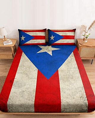 #ad Puerto Rico Flag Fitted Sheet Queen Deep Pocket Fitted Bed SheetsVintage Sta... $53.62
