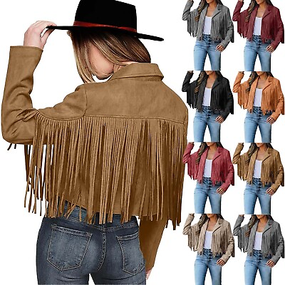 #ad Women Fringe Faux Suede Leather Jackets Fashion Womens plus Size Casual Jacket $34.28