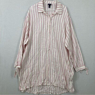 #ad Scoop Pink White Linen Blend Long Sleeve Shirt Dress XL $24.00