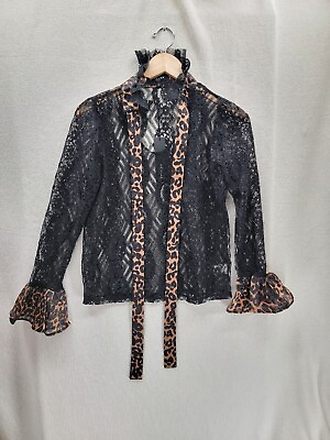 #ad NWT Beulah Black Leopard Tie Lace $69 Blouse Top Size Small $32.00