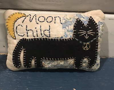 #ad Primitive *Moon Child* Long Black Cat Shelf Pillow From Vintage Quilt $14.95