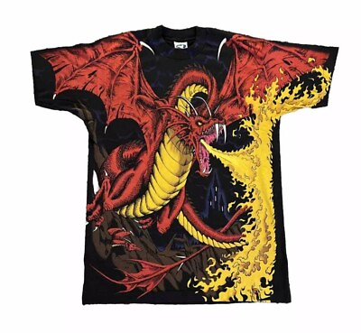 #ad Liquid Blue Vintage 1993 Dragon Vs Knight Flames AOP Shirt Sz.Large Back Hit $160.00