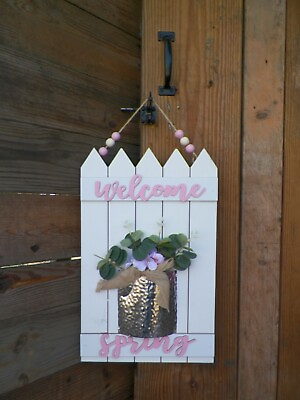 #ad Hanging Decor Wooden Welcome Spring Sign Pink Words White Fence 3D Plant $9.00