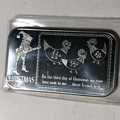 #ad 1973 On the Third Day of Chistmas USSC 1 Ounce .999 Silver Art Bar #SB91 $199.95