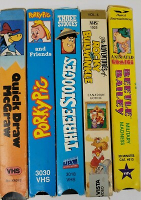 #ad #ad 5 Classic Cartoons VHS Lot 3 Stooges Porky Pig Quick Draw Beetle Bailey Rocky $38.00