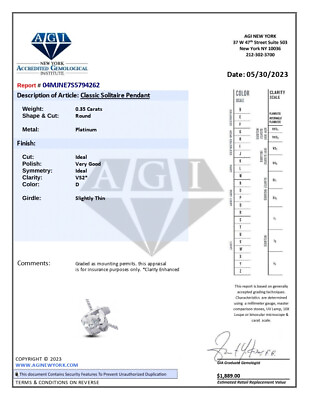 #ad 0.35ct D VS2 Round Natural Certified Diamond Platinum Classic Solitaire Pendant $1035.47