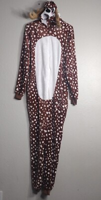 #ad Adults Cosplay Unisex Pajama Animal Reindeer Costume Fleece Jumpsuit Size L $28.00