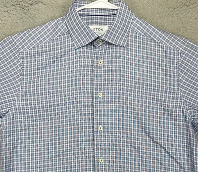 #ad Eton Shirt Men Large 16.5 42 Contemporary Blue Plaid Dress Button Up Long Sleeve $23.75