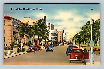 #ad Miami Beach FL Florida Ocean Dr. Period Cars Flag Vintage Postcard $7.99