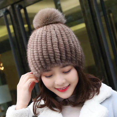 #ad Women Fur Hat Winter Mink Fur Knitted Hat with Fur Ball Warm $86.71
