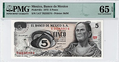 #ad 1972 Mexico Uncirculated 5 Pesos El Banco De Mexico Bank Notes PMG 65 $29.95