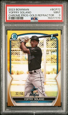 #ad Yoffry Solano 2023 Bowman Chrome 1st #d 50 Gold Refractor #BCP72 Marlins PSA 9 $39.95