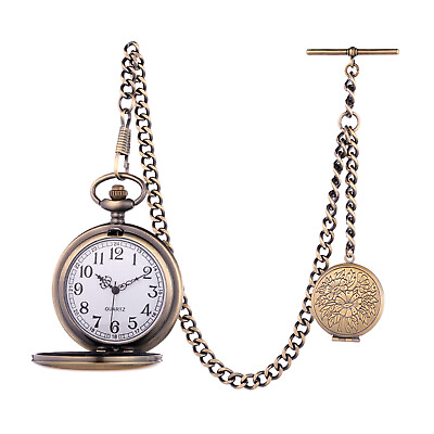 #ad ANTIQUE DESIGN QUARTZ POCKET WATCH WITH ALBERT CHAIN AND GIFT POUCH GBP 15.99