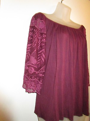 Sky Clothing Brand NWT $200 Off Shoulder Top Lace Crochet Sleeves Burgundy Party $19.99