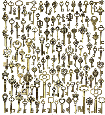 #ad 125 PCS Vintage Skeleton Key Set Charms Mixed Antique Style Bronze Brass for P $10.85