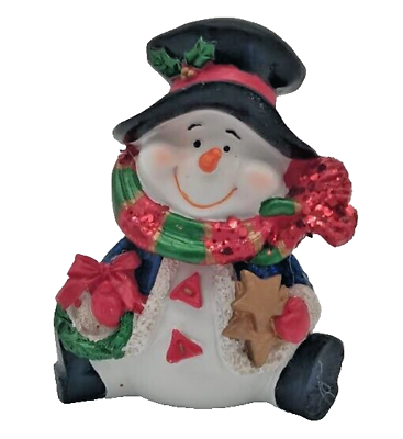 #ad Vintage Christmas Bobblehead Snowman Black Hat Blue Jacket Scarf Wreath Glitter $19.95