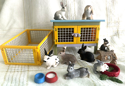 #ad Schleich Lot 6 Bunny Rabbit Figurines 3 at Food Bowl 3 on Log Hutch Pen $30.00