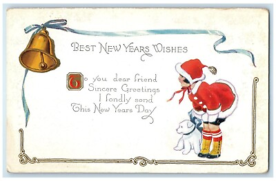 #ad c910#x27;s New Year Wishes Ringing Bells Girl Santa Dog Embossed Antique Postcard $9.72