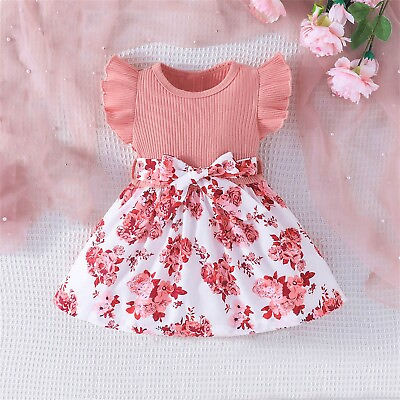 #ad Toddler Kids Baby Girls Casual Fly Sleeve Round Neck Floral Party Princess Dress $15.12