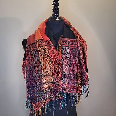 #ad Colorful Rainbow Paisley Stripped Soft Scarf with Tassels Boho Reversible Shawl $8.99