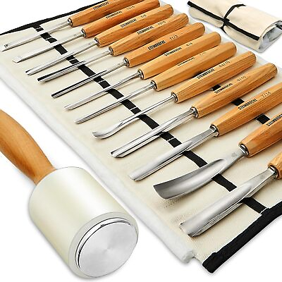 #ad Wood Carving Tools Set of 12 Chisels and Wood Mallet with Canvas Case Gouges $89.99