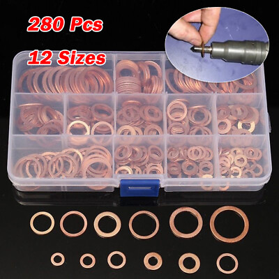 #ad 280Pcs 12 Sizes Solid Copper Crush Washers Assorted Seal Flat Ring Hardware Auto $23.39