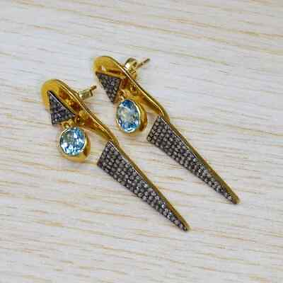 #ad Blue Topaz Gems Earring Pave Diamond Dangle Earring 925 Sterling Silver Earring $65.99
