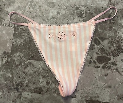 #ad NWT VICTORIA#x27;S SECRET PINK WHITE STRIPE EMBROIDERED EYELET V STRING PANTIES $26.99