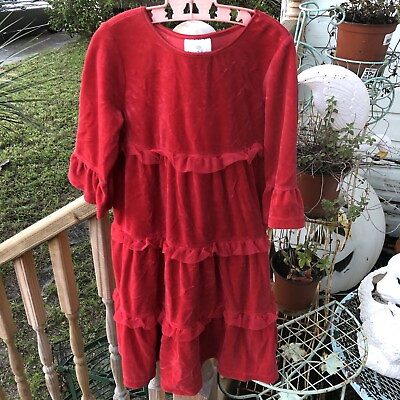 #ad Hanna Andersson Red Velvet Ruffle Tier Dress Size 120 6 7 8 Girls Sleeve Cotton $24.50
