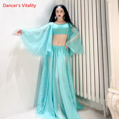 #ad 2022 Belly Dance Costume Mesh Top Long Sleeve Slit Skirt Costume Set $82.36