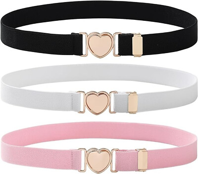 #ad 3 PACK Kids Elastic Stretch Belts Adjustable Heart Shaped Black Pink White $11.00
